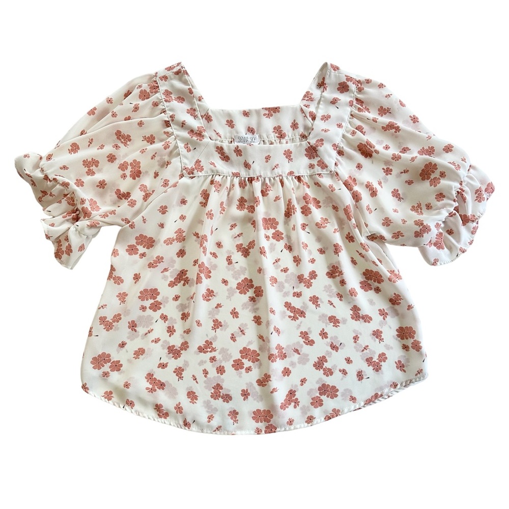 Sienna Sky Square Neck Ruffle Sleeve Floral Print Sheer Top Size L